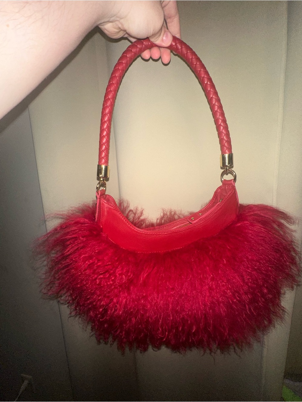 Mary Norton hobo bag Mongolian lamb fur woven shoulder strap red whimsical - Picture 4 of 4